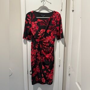 Connected Apparel Black and Red Floral Midi Dress